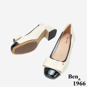 Ben&1966 質感牛皮氣質撞色蝴蝶結方頭粗跟鞋-黑