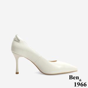 Ben&1966 高級舒適羊皮側簍空燙鑽氣質尖頭高跟鞋-米白
