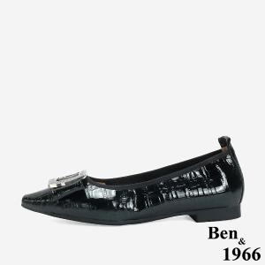Ben&1966 高級頭層牛皮金屬方釦氣質尖頭包鞋-黑