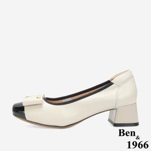 Ben&1966 質感牛皮氣質撞色蝴蝶結方頭粗跟鞋-黑