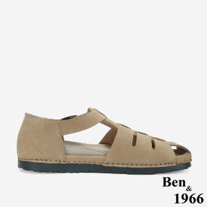 Ben&1966 高級牛磨砂皮知性文青魚骨涼鞋-深杏