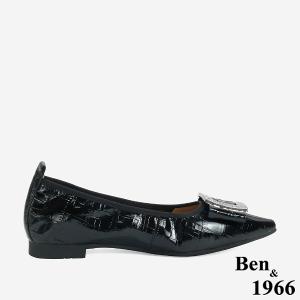 Ben&1966 高級頭層牛皮金屬方釦氣質尖頭包鞋-黑