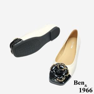 Ben&1966 柔軟羊皮優雅山茶花方頭包鞋-米白