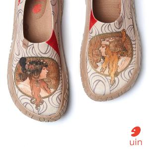 uin 西班牙原創設計 女鞋 帆布鞋 懶人鞋 穆夏 黑髮女郎與金髮女郎彩繪休閒鞋W1711436