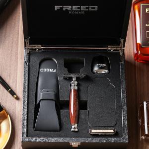 FREED 尊爵四件組雙刃安全刮鬍刀禮盒-仿紫紅檀木+客製化刻字服務