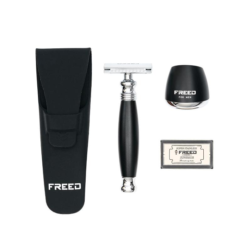 FREED 尊爵四件組雙刃安全刮鬍刀禮盒-極致黑+客製化刻字服務