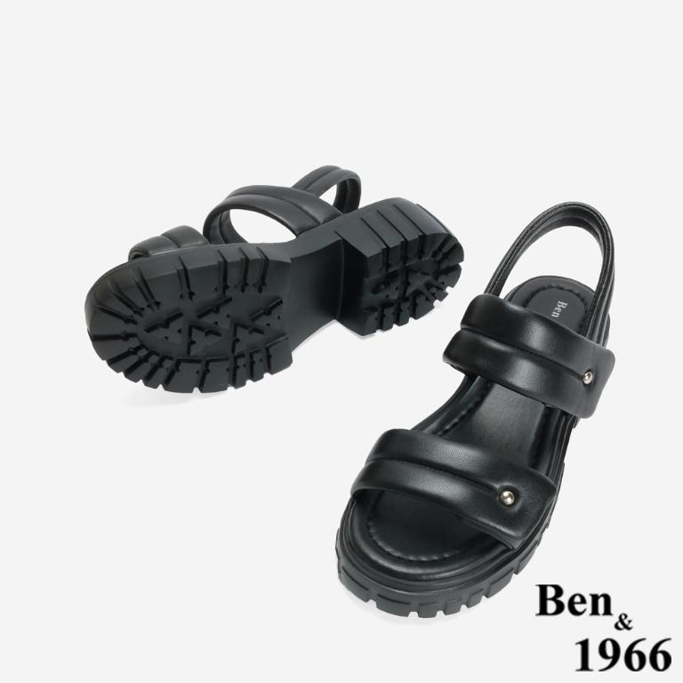 Ben&1966 柔軟羊皮舒適雙帶輕量厚底涼鞋-黑(246751)
