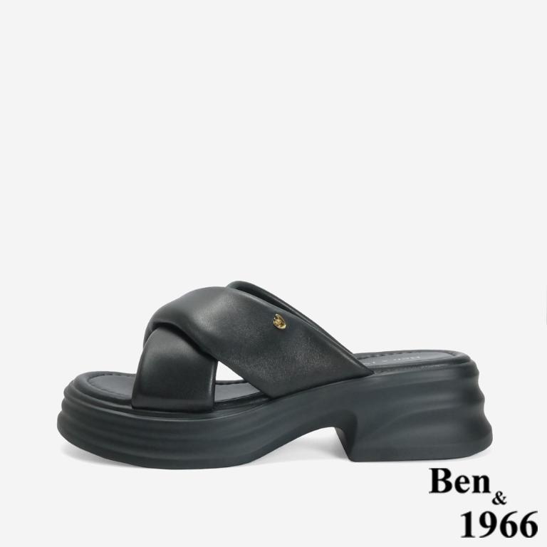 Ben&1966 柔軟羊皮交叉澎帶厚底拖鞋-黑(246741)