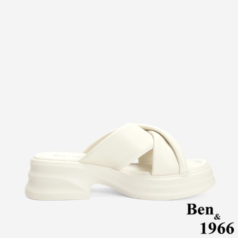 Ben&1966 柔軟羊皮交叉澎帶厚底拖鞋-米白(246742)