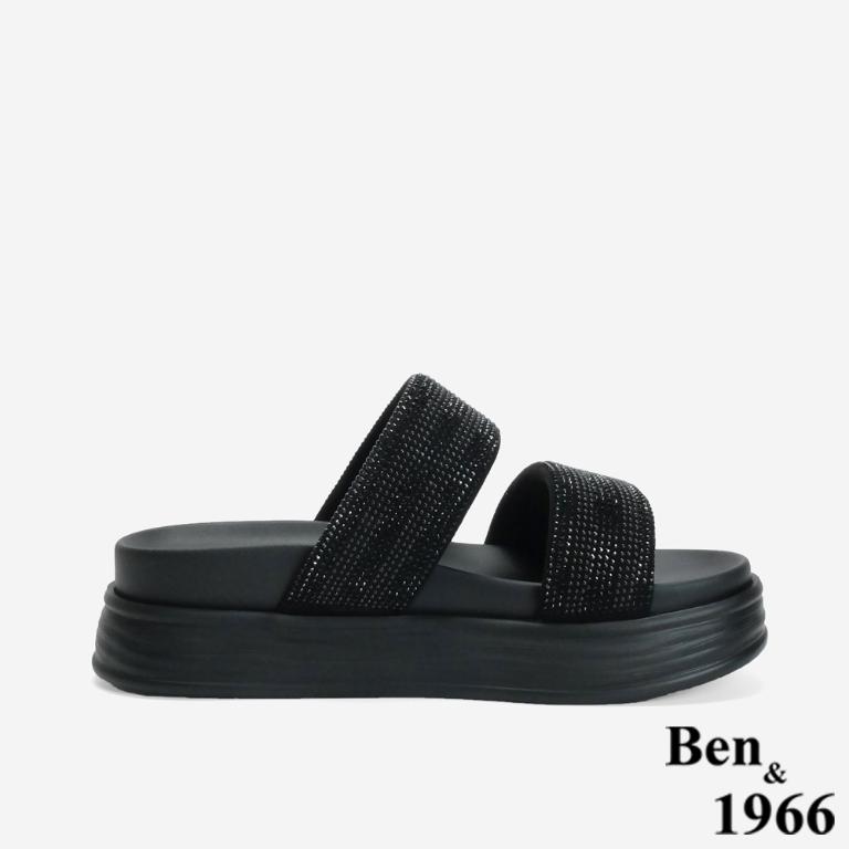 Ben&1966 高級燙鑽布雙帶厚底拖鞋-黑