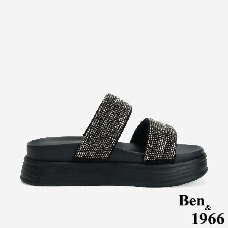 Ben&1966 高級燙鑽布雙帶厚底拖鞋-銀灰