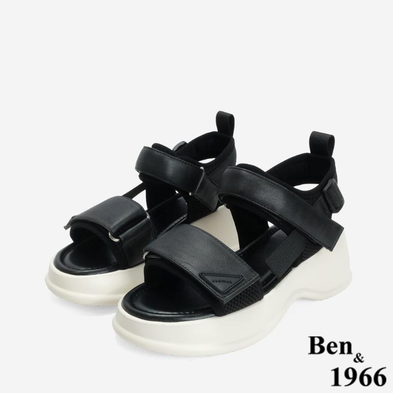 Ben&1966 高級頭層牛皮運動風厚底雙帶涼鞋-黑(246731)