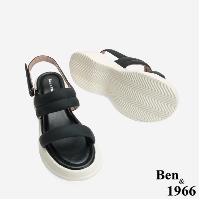 Ben&1966 柔軟羊皮簡約雙帶厚底涼鞋-黑