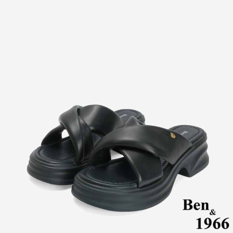 Ben&1966 柔軟羊皮交叉澎帶厚底拖鞋-黑(246741)