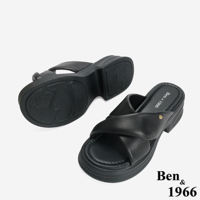 Ben&1966 柔軟羊皮交叉澎帶厚底拖鞋-黑(246741)
