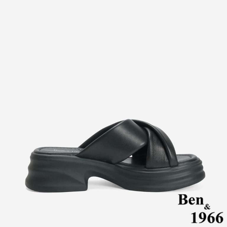 Ben&1966 柔軟羊皮交叉澎帶厚底拖鞋-黑(246741)