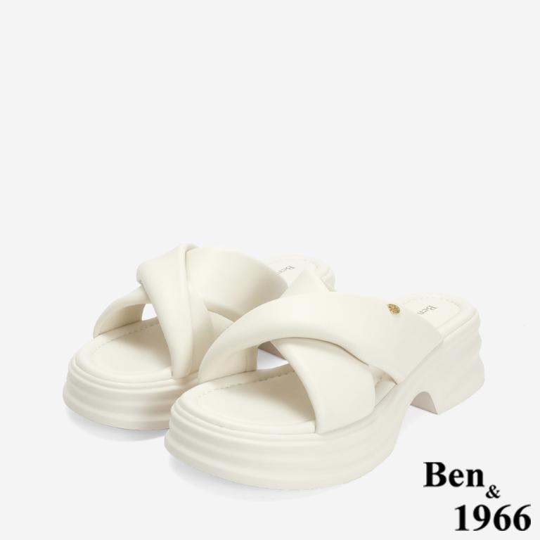 Ben&1966 柔軟羊皮交叉澎帶厚底拖鞋-米白(246742)