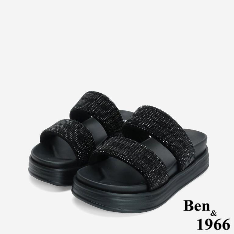 Ben&1966 高級燙鑽布雙帶厚底拖鞋-黑
