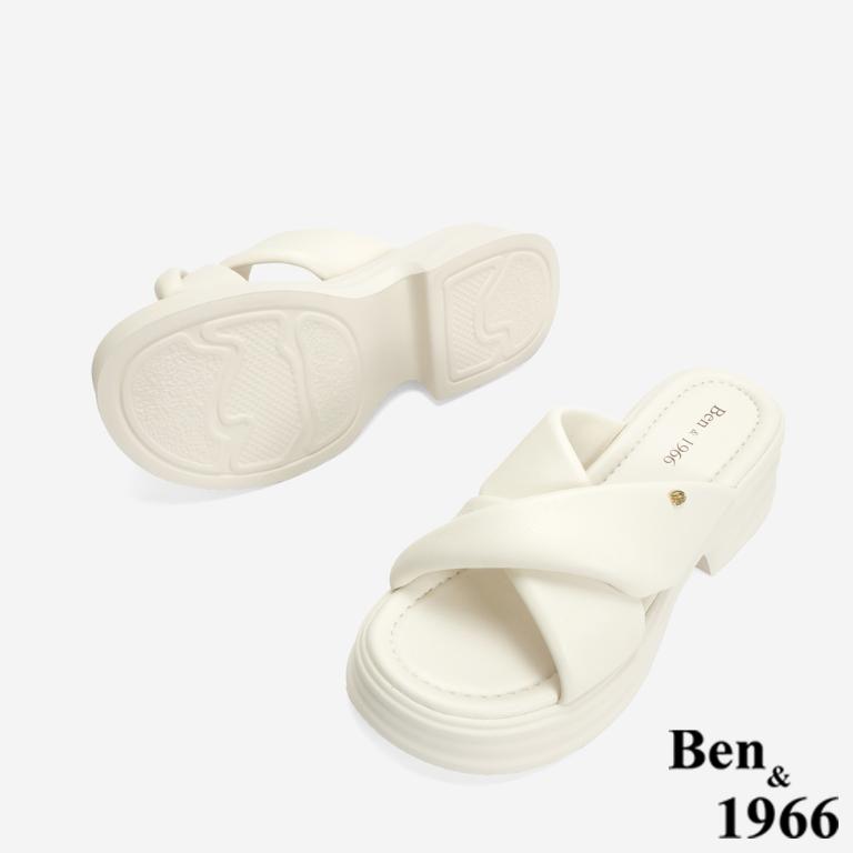 Ben&1966 柔軟羊皮交叉澎帶厚底拖鞋-米白(246742)
