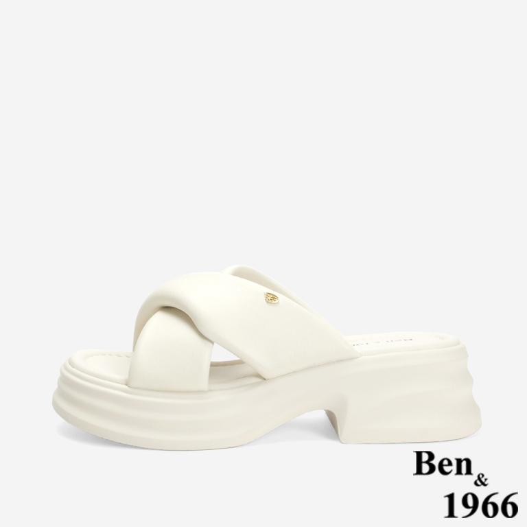 Ben&1966 柔軟羊皮交叉澎帶厚底拖鞋-米白(246742)