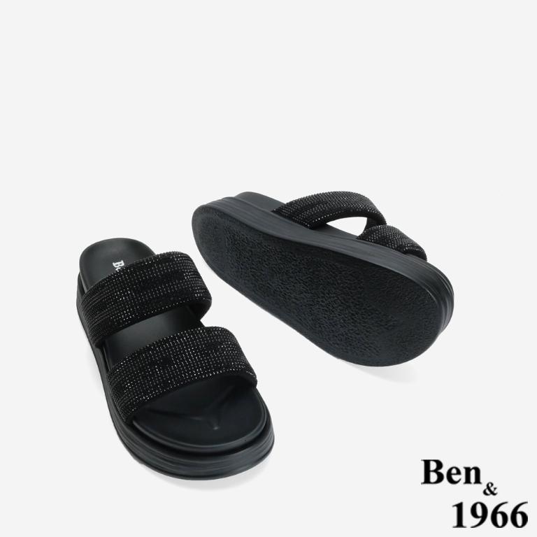 Ben&1966 高級燙鑽布雙帶厚底拖鞋-黑