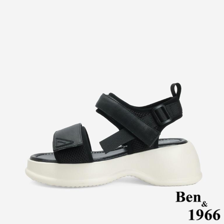 Ben&1966 高級頭層牛皮運動風厚底雙帶涼鞋-黑(246731)