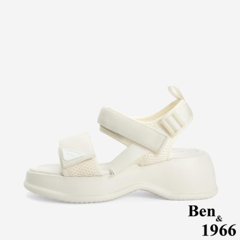 Ben&1966 高級頭層牛皮運動風厚底雙帶涼鞋-米白(246732)