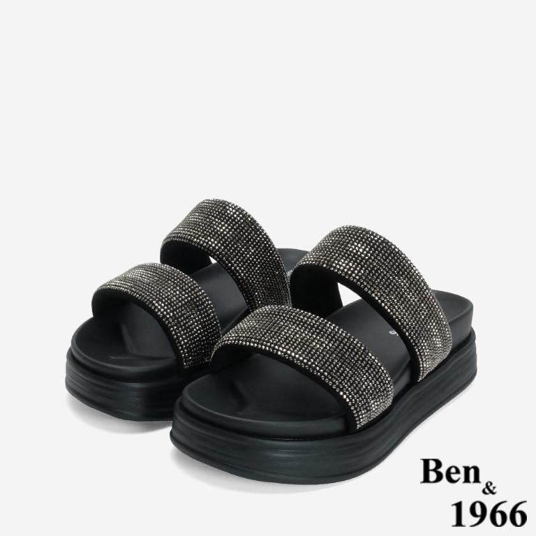 Ben&1966 高級燙鑽布雙帶厚底拖鞋-銀灰