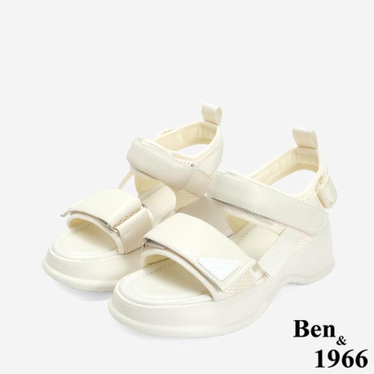 Ben&1966 高級頭層牛皮運動風厚底雙帶涼鞋-米白(246732)