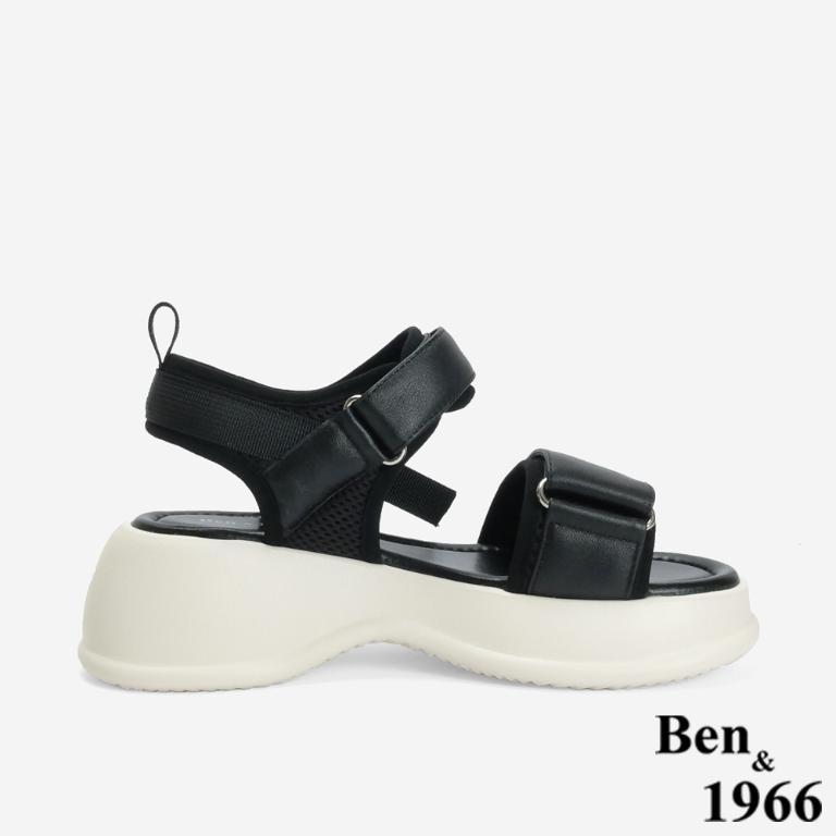 Ben&1966 高級頭層牛皮運動風厚底雙帶涼鞋-黑(246731)