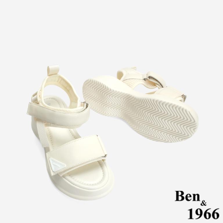 Ben&1966 高級頭層牛皮運動風厚底雙帶涼鞋-米白(246732)
