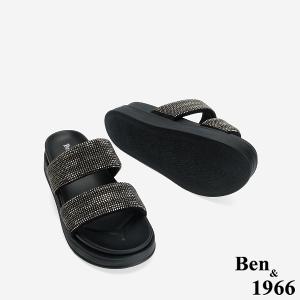 Ben&1966 高級燙鑽布雙帶厚底拖鞋-銀灰