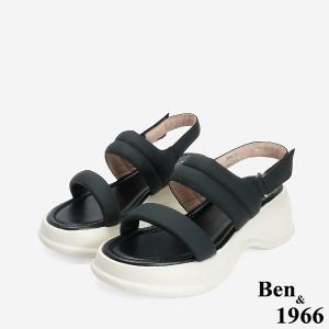 Ben&1966 柔軟羊皮簡約雙帶厚底涼鞋-黑