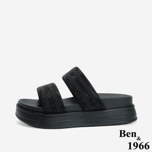Ben&1966 高級燙鑽布雙帶厚底拖鞋-黑