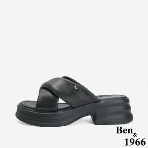 Ben&1966 柔軟羊皮交叉澎帶厚底拖鞋-黑(246741)