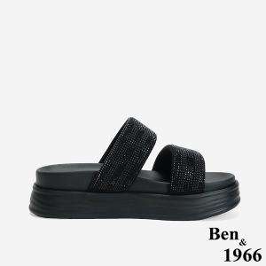 Ben&1966 高級燙鑽布雙帶厚底拖鞋-黑