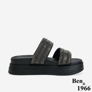 Ben&1966 高級燙鑽布雙帶厚底拖鞋-銀灰