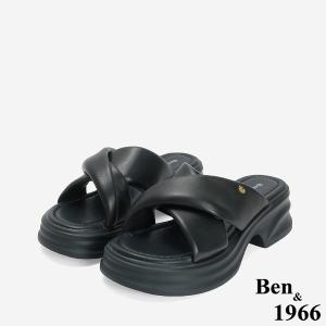 Ben&1966 柔軟羊皮交叉澎帶厚底拖鞋-黑(246741)