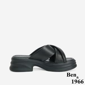 Ben&1966 柔軟羊皮交叉澎帶厚底拖鞋-黑(246741)