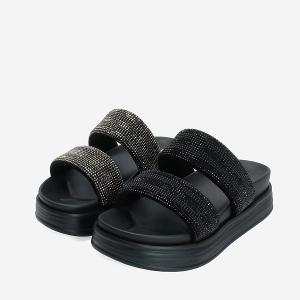 Ben&1966 高級燙鑽布雙帶厚底拖鞋-黑