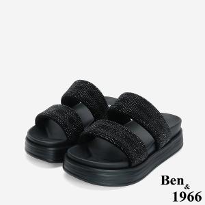 Ben&1966 高級燙鑽布雙帶厚底拖鞋-黑