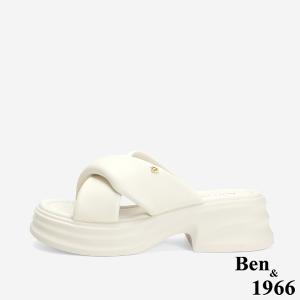 Ben&1966 柔軟羊皮交叉澎帶厚底拖鞋-米白(246742)