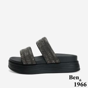 Ben&1966 高級燙鑽布雙帶厚底拖鞋-銀灰