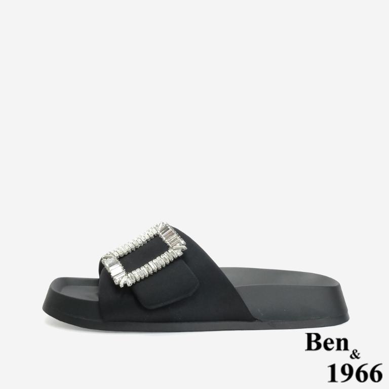 Ben&1966 高級絲綢布精緻方鑽簡約拖鞋-黑(246491)