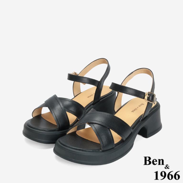 Ben&1966 高級羊皮淑女交叉帶跟涼鞋-黑