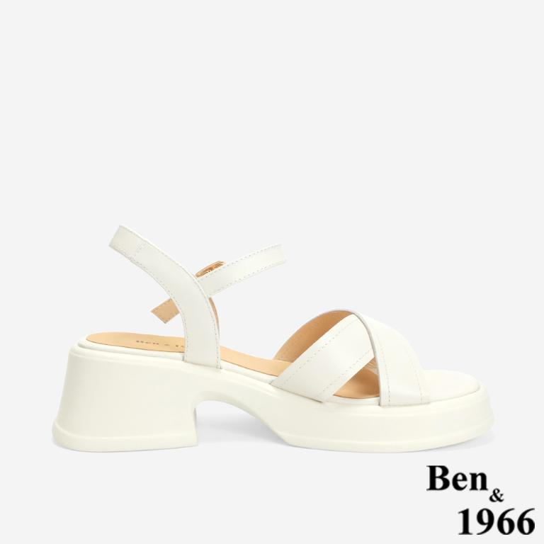Ben&1966 高級羊皮淑女交叉帶跟涼鞋-米白(246402)