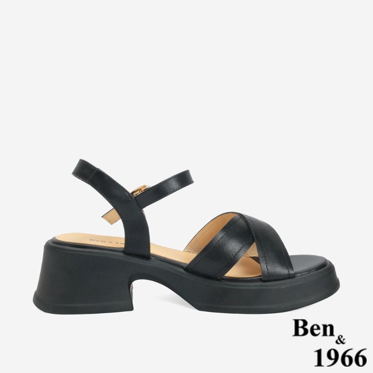 Ben&1966 高級羊皮淑女交叉帶跟涼鞋-黑