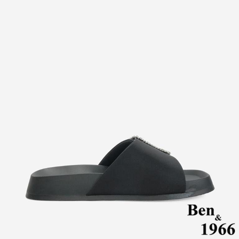 Ben&1966 高級絲綢布精緻方鑽簡約拖鞋-黑(246491)