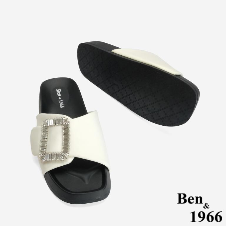 Ben&1966 高級絲綢布精緻方鑽簡約拖鞋-米白(246492)
