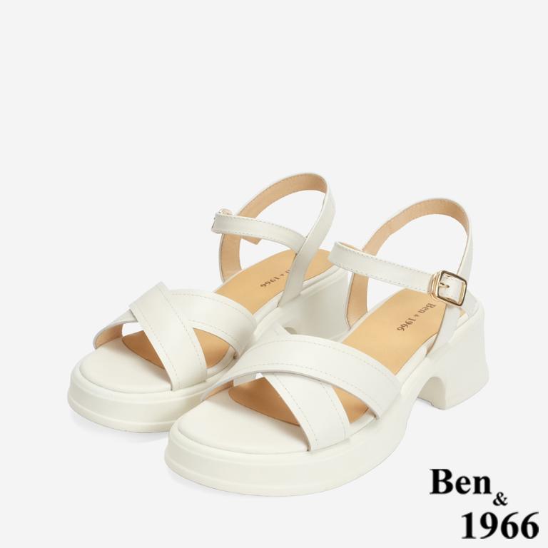 Ben&1966 高級羊皮淑女交叉帶跟涼鞋-米白(246402)
